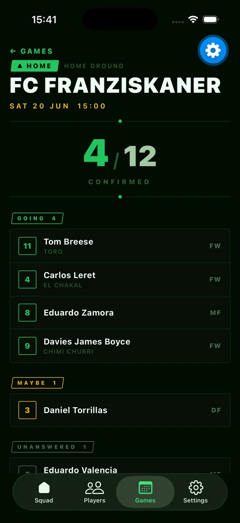 Game detail with confirmed players